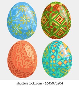 Set of easter eggs isolated on white background for your design. Bright colors and patterns. Cartoon realictic vector illustration for holiday celebration