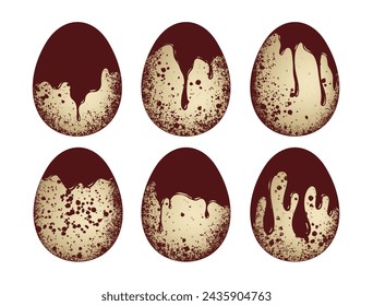 Set of Easter eggs isolated on white background. Realistic quail eggs dipped in chocolate. Eggs with chocolate streaks and texture. Vector illustration. Sweet easter holiday symbol. 