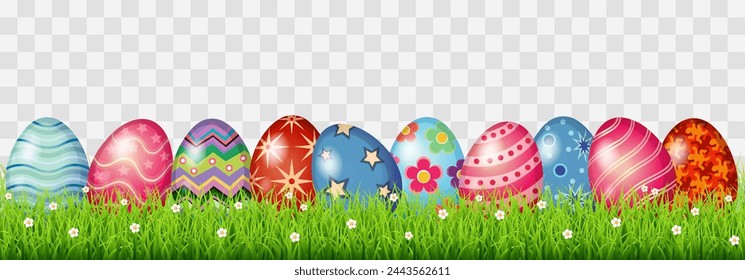 Set von Ostereiern isoliert auf PNG-Hintergrund. Niedliche Ostereier versteckt in grünem Gras. Vektor-Illustration, Frühlingsferienkonzept 