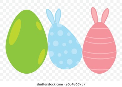 Set of Easter eggs isolated on Transparent background. Easter colorful design. Liner, Bunny Ear style. Flat minimalistic vector illustration. EPS 10.