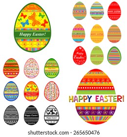 Set of Easter Eggs isolated on White background. Pattern in a shape of an egg. Vector Illustration
