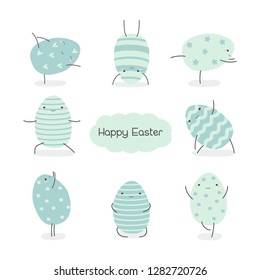 Set of Easter eggs in kawaii style . Easter yoga. Stripes, waves, dots, hearts, stars. Perfect for holiday greetings. Vector illustration.
