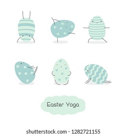 Set of Easter eggs in kawaii style . Easter yoga. Stripes, waves, dots, hearts, stars. Perfect for holiday greetings. Vector illustration.