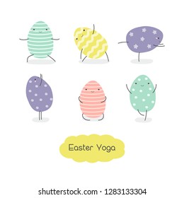 Set of Easter eggs in kawaii style . Easter yoga. Stripes, waves, dots, hearts, stars. Perfect for holiday greetings. Vector illustration.