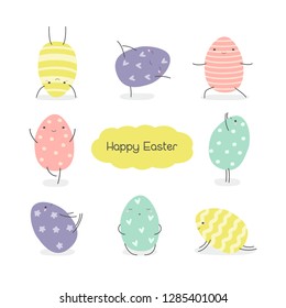 Set of Easter eggs in kawaii style . Easter yoga. Stripes, waves, dots, hearts, stars. Perfect for holiday greetings. Vector illustration.