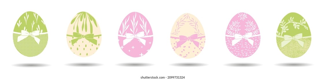 A set of Easter eggs  with leaves and bow .  Doodle Elements of Easter decor.print for printing