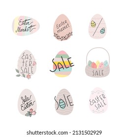 Set of easter eggs with lettering, basket for sale, market Advertising
