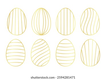 Set of Easter eggs in linear style with golden gradient, graphic element, for decoration, for cards, for greeting