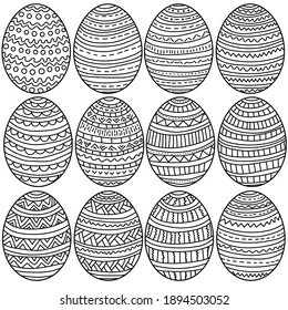 Set of Easter eggs with linear warriors coloring page from holiday attributes illustration