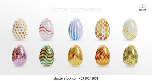 Set of easter eggs. Lined up with different colors and patterns. White and golden colored. Realistic design elements. Vector illustration. Isolated on white background.