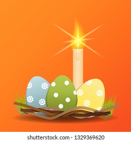 Set of Easter eggs in the nest with candles in the background. Multicolored Easter eggs with circles and flowers from circles on an orange background in a nest, isolated. Vector