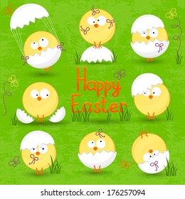 set of Easter eggs on a green background