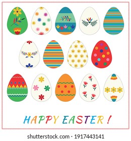 Set of Easter eggs on white background. Happy Easter card. Spring holiday. Flat design.