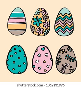 set of Easter eggs with ornament. hand drawing