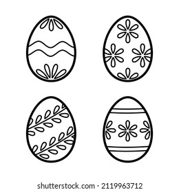 Set of easter eggs with ornament. Hand drawn icon in doodle line style. Isolated vector illustration. 