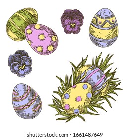 Juego de huevos de Pascua con adornos. Color. Gráfica vectorial de estilo de grabado.