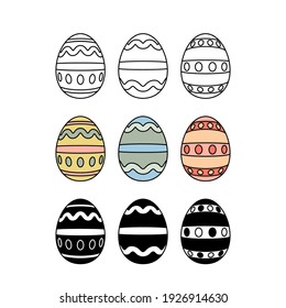 set of Easter eggs with ornaments in color and black and white. template on a white background. flat vector illustration isolated