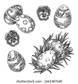 Set of easter eggs with ornaments. Sketch. Engraving style Vector illustration.