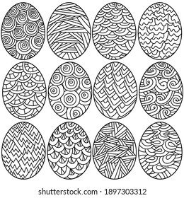 Set of Easter eggs with ornate patterns, zen coloring page with festive attributes illustration