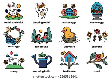 A set of Easter eggs and other Easter-themed images. The images include a rabbit, a bird, a ladybug, and a house