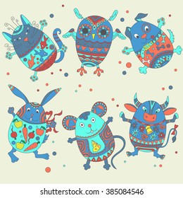Set of Easter eggs painted under funny animals, color pictures on a light background