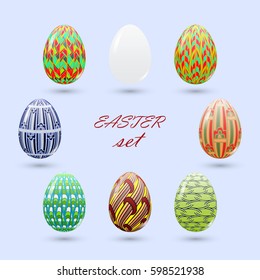 Set of Easter eggs painted in a zenart style and an unpainted white realistic egg. Vector illustration.