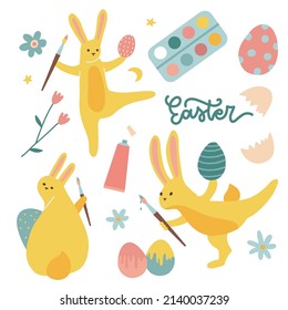 Set of Easter eggs painting design elements. Spring collection with paints and brushes in paws Fluffy yellow rabbit characters preparing for holiday. Flat hand drawn vector illustration.