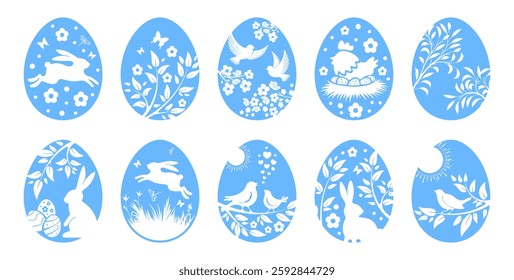 Set of Easter eggs with painting. Spring joyful scenes are painted on the eggs. Rabbit jumping in the grass, birds flying, sitting on a branch of blossoming tree, sun, flowers. Vector illustration