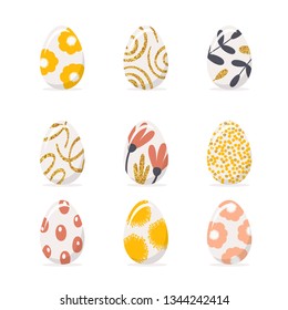 Set of Easter eggs in pastel colors and gold glitter with different patterns. Festive vector icons isolated from white background