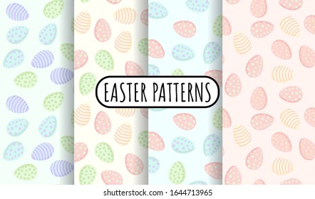 Set of Easter eggs in pastel colors seamless patterns. Collection of cute Ostara colored eggs vector wallpapers in flat style background tiles