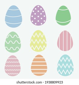 set of Easter eggs in pastel colors isolated on a white background. Happy Easter. Eggs in a flat style with a cut-out pattern of pink, blue, green, yellow and purple. Flat Easter