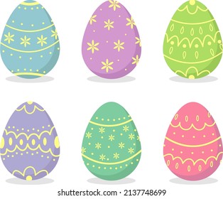 A set of Easter eggs in pastel colors on a white background. Easter eggs with a beautiful pattern.