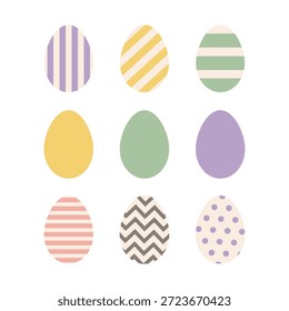 Set Ostereier in Pastellfarben. Festliche Dekoration. Ostereier-Symbole. Flache Vektorgrafik einzeln auf weißem Hintergrund.