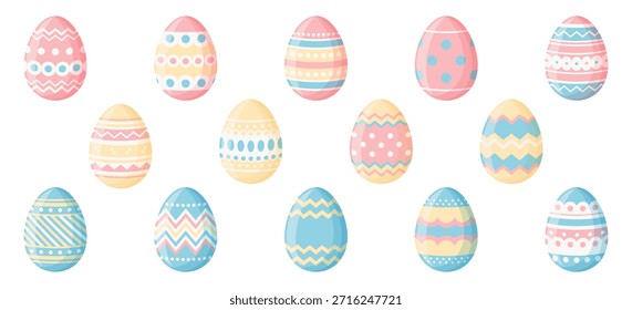 Set of easter eggs in pastel colour palette isolated on a clean white background. Easter vector collection in flat design.