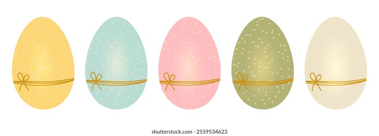 A set of Easter eggs in a pastel palette: beige, blue, green, pink, yellow. Isolated. Vector illustration.