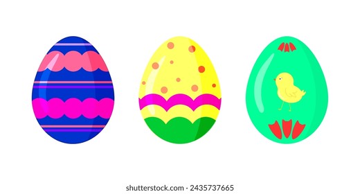 A set of Easter eggs with a pattern in a flat style. On a white background. Vector design