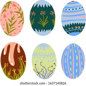 Set of easter eggs with a pattern on an isolated white background. Delicate, cute color palette. Happy easter. Greeting card design element and more. Digital, stock, vector, hand drawn illustration. 