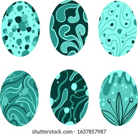 Set of easter eggs with a pattern on an isolated white background. Delicate, cute color palette. Happy easter. Greeting card design element and more. Digital, stock, vector, hand drawn illustration. 