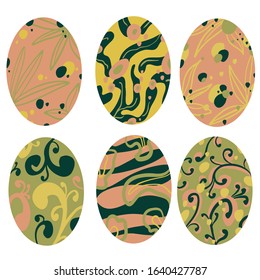 Set of easter eggs with a pattern on an isolated white background. Delicate, cute color palette. Happy easter. Greeting card design element and more. Digital, stock, vector, hand drawn illustration. 