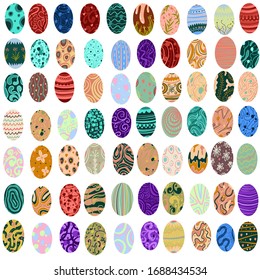 Set of easter eggs with a pattern on an isolated white background. Delicate, cute color palette. Happy easter. Greeting card design element and more. Digital hand drawing illustration.