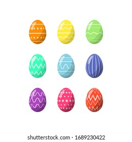 Set easter eggs with pattern on white background, flat style. Vector isolated illustration with icons of color eggs. For web design, banners, greeting cards, posters, decorating storefront, wrapping.