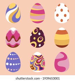 Set of Easter eggs with a pattern on an isolated background. Template for a postcard, banner, invitation, poster. Vector illustration in a flat style.