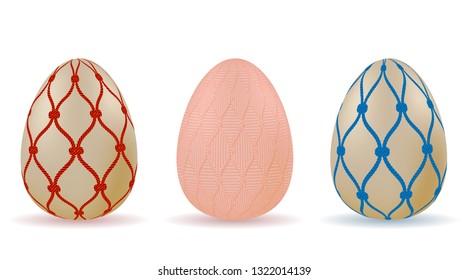 set of Easter eggs with a pattern of red and blue rope nets. Vector.
