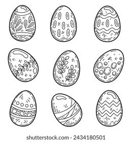 Set Easter eggs with a pattern sketch. Holiday symbol. Hand drawn vector illustration.