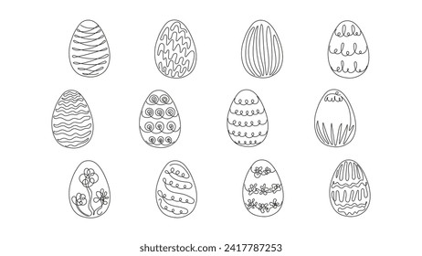 Set of Easter eggs with a patterns. Continuous one line drawing. Vector illustration on white background. Minimalist. Design elements. Ideal for icon, logo, print, Easter decoration, coloring book