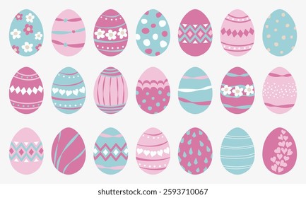 Set of Easter eggs. Patterns in pink, blue and white colors. Vector clipart design elements in flat hand drawn style.