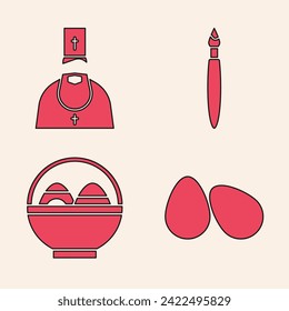 Set Easter eggs, Priest, Paint brush and Basket with easter eggs icon. Vector