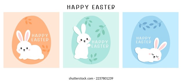 Set of Easter eggs, rabbit bunny cartoons and hand written fonts cards on white background vector illustration. 