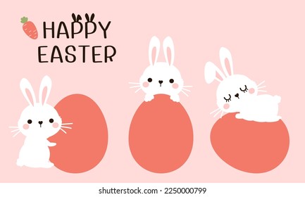 Set of Easter eggs with rabbit bunny cartoons on pink background vector illustration.