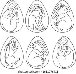 Set of Easter eggs with a rabbit inside. Bunny in egg. Revival concept for eggshells on religious holiday. outline sketch for colouring book